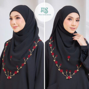 Attractive Black Chiffon Tudung 4 sides embroidery 3D